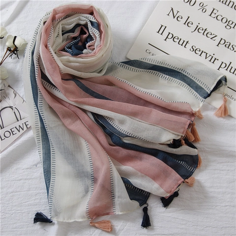 Sciarpa Leggera In Cotone E Lino A Righe Verticali Con Nappe Scialle Traspirante Per Donna Protezione Solare Spiaggia