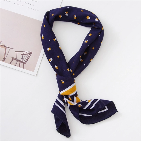 Star Print Square Scarf Mercerized Cotton Chic Navy Blue Striped Border Neck Scarf Vintage Versatile Women Accessory