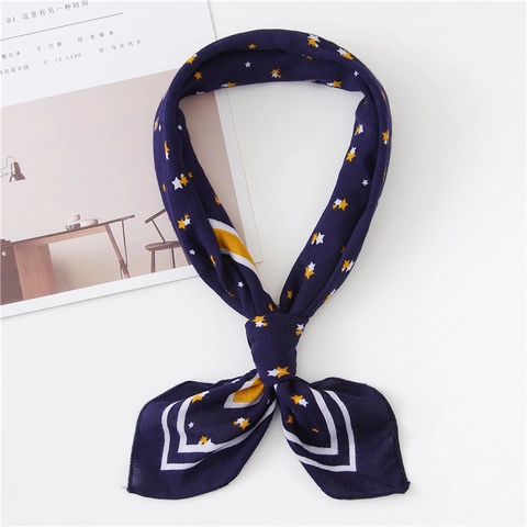 Star Print Square Scarf Mercerized Cotton Chic Navy Blue Striped Border Neck Scarf Vintage Versatile Women Accessory