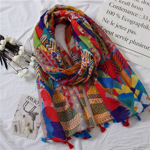 Sciarpa Scialle Etnico Stampa Geometrica Bohémien Voile Colorato Cotone Lino Nappe Bordo Spiaggia Vacanza Protezione Solare Donna