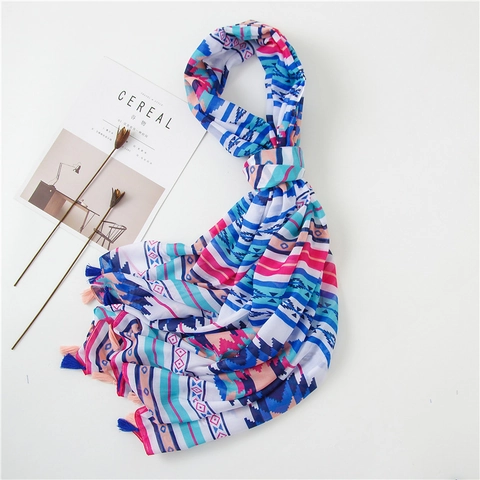 Bohemian Ethnic Print Scarf Shawl Women Lightweight Cotton Linen Tassel Fringe Geometric Beach Sun Protection Wrap