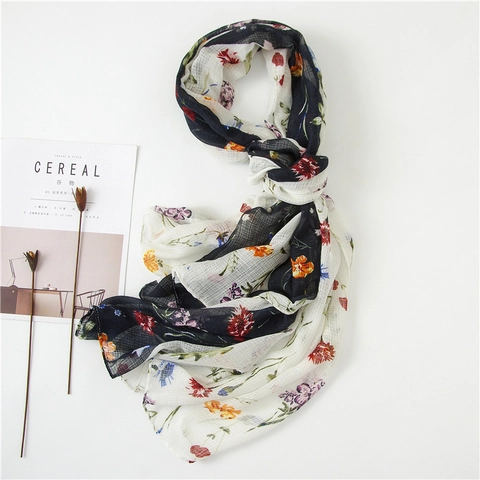 Women's Pastoral Floral Print Cotton Linen Scarf Long Shawl Color Block Tassel Beach Sunscreen Wrap Accessory