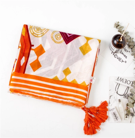 Geometric Scarf Women Cotton Linen Breathable Shawl Ethnic Bohemian Style Tassel Sunscreen Beach Wrap Multi Color Large