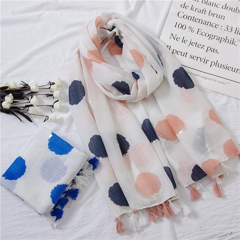 Cotton Linen Scarf Shawl Women Large Polka Dot Print With Silver Glitter Edges Fringed Tassel Sun Protection Lightweight Artistic