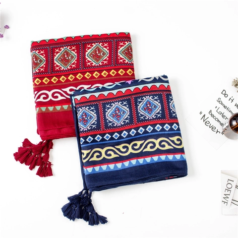Women Ethnic Print Scarf Shawl Twill Cotton Bohemian Geometric Pattern Tassels Sun Protection Beach Travel Wrap