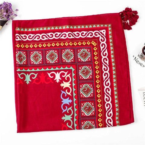 Women Ethnic Print Scarf Shawl Twill Cotton Bohemian Geometric Pattern Tassels Sun Protection Beach Travel Wrap