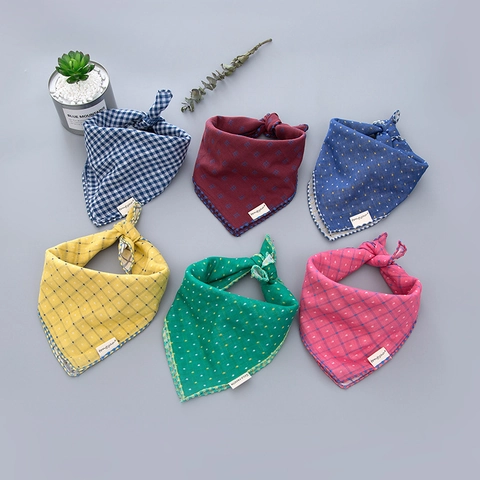 Korean Style Children Cotton Linen Plaid Polka Dot Square Scarf Double Layer Cotton Gauze Baby Bib Triangle Drool Towel