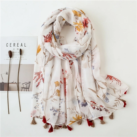 Floral Butterfly Print Scarf Shawl Lightweight Cotton Linen Tassel Scarf With Metallic Thread And Sequins Women Beach Travel