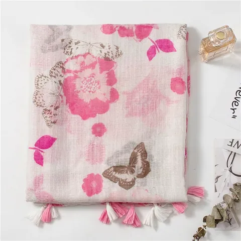 Écharpe Femme Coton Lin Châle Imprimé Papillon Floral Protection Solaire Légère Avec Glands Style Vintage