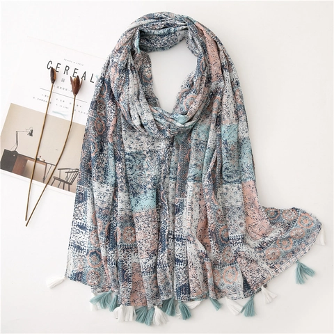 Sciarpa Scialle Moda Donna Cotone Lino Voile Stampa Etnica Paisley Nappa Spiaggia Protezione Solare