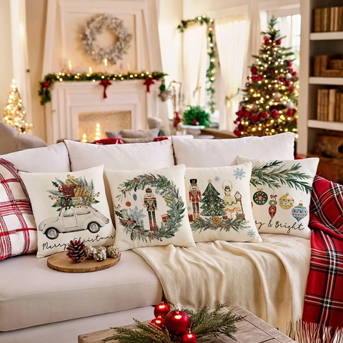 Funda De Cojín De Navidad Imitación Lino Cascanueces Coche Vintage Decoración Festiva Sofá