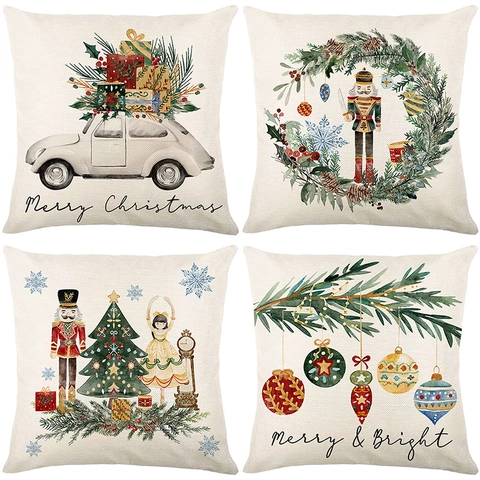 Funda De Cojín De Navidad Imitación Lino Cascanueces Coche Vintage Decoración Festiva Sofá