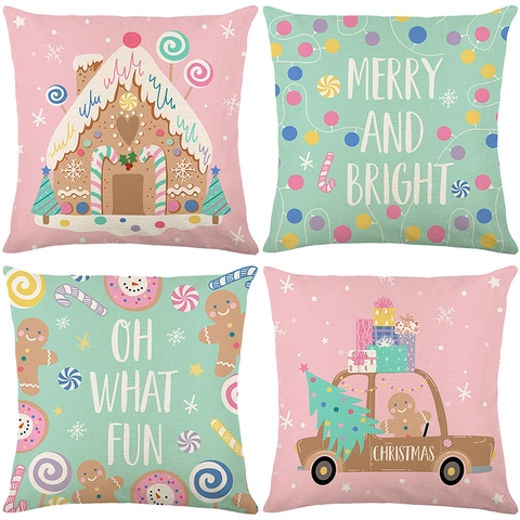Christmas Decorative Pillow Cover Gingerbread House Cartoon Print Polyester Linen Look Cushion Case For Sofa Home Decor