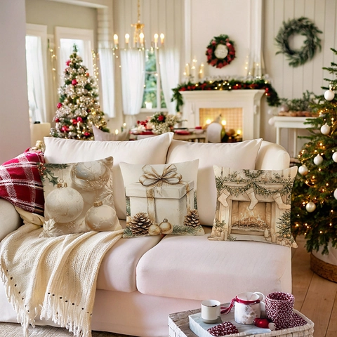 Kerst Kussenhoes Polyester Linnen Mix Vintage Patronen Bank Kussen Decoratie Elegant Feestelijk