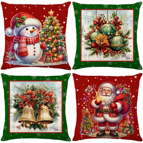 Kerst Kussenhoezen Linnen Look Digitale Print Kerstman Sneeuwpop Vakantie Sofa Couch Home Decor