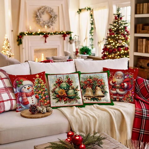 Kerst Kussenhoezen Linnen Look Digitale Print Kerstman Sneeuwpop Vakantie Sofa Couch Home Decor