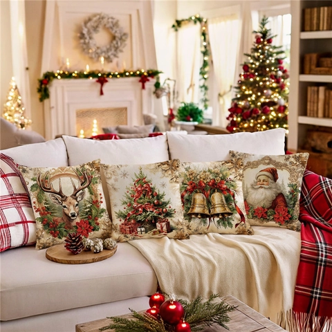 Vintage Christmas Pillow Case Polyester Linen Texture Reindeer Santa Claus Tree Bell Pattern Decorative Cushion Cover For Home Sofa