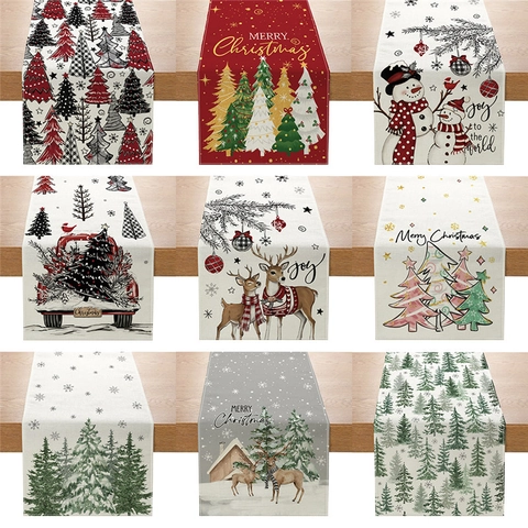 Christmas Table Runner Faux Linen Holiday Dining Table Decoration Snowman Reindeer Tree Print Fabric