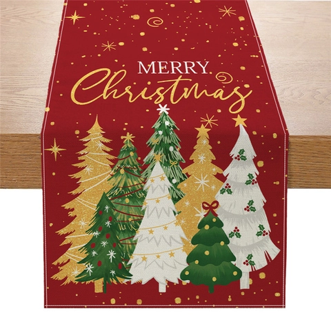 Christmas Table Runner Faux Linen Holiday Dining Table Decoration Snowman Reindeer Tree Print Fabric