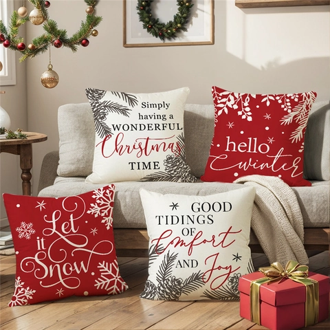 Christmas Snowflake Slogan Decorative Pillow Covers Winter Pine Cone Cushion Covers For Living Room Sofa Bedside Pillowcase