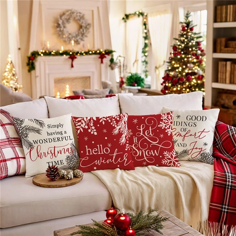 Christmas Snowflake Slogan Decorative Pillow Covers Winter Pine Cone Cushion Covers For Living Room Sofa Bedside Pillowcase