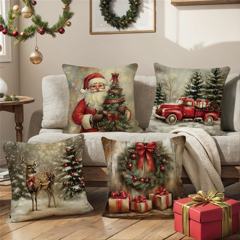 Retro Kerst Kussenslopen Kerstman Rendier Rode Vrachtwagen Print Linnen Decoratieve Kussenhoezen Voor Sofa Bank