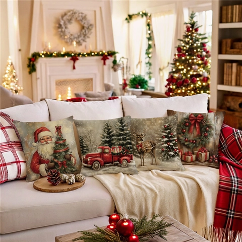 Retro Kerst Kussenslopen Kerstman Rendier Rode Vrachtwagen Print Linnen Decoratieve Kussenhoezen Voor Sofa Bank