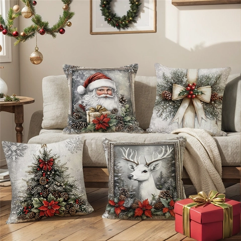 Housses De Coussin De Noël Vintage Père Noël Renne Imprimé Lin Polyester Taies D'oreiller Carrées Déco Canapé