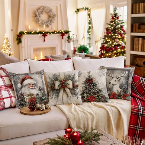 Housses De Coussin De Noël Vintage Père Noël Renne Imprimé Lin Polyester Taies D'oreiller Carrées Déco Canapé