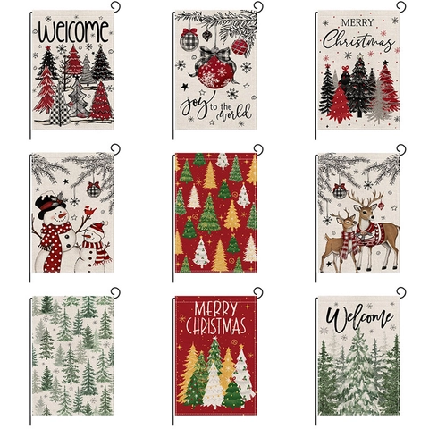 Bandera De Jardín De Navidad Doble Cara Tela De Lino Decoración Exterior Patio Feliz Navidad Muñeco De Nieve Reno Estandarte