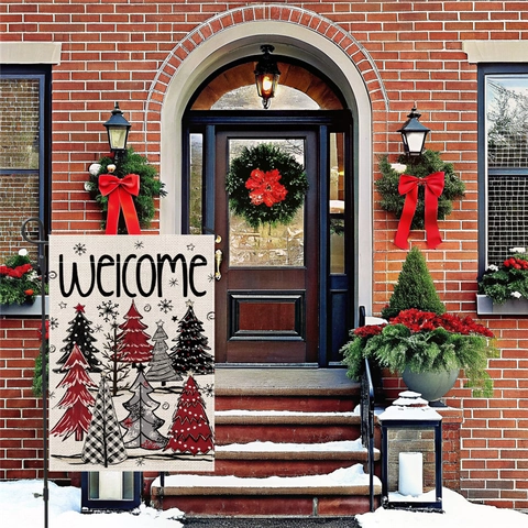 Bandera De Jardín De Navidad Doble Cara Tela De Lino Decoración Exterior Patio Feliz Navidad Muñeco De Nieve Reno Estandarte