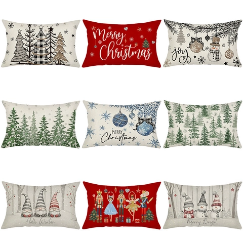 Christmas Lumbar Pillow Cover Polyester Linen Look Decorative Cushion Case For Sofa Couch Festive Xmas Tree Reindeer Print