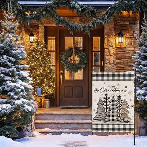 Weihnachten Gartenfahne Doppelseitig Polyester Leinenimitat Hofschild Schneemann Rentier Baum Büffelkaro Feiertagsdeko