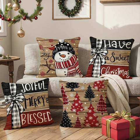 Christmas Cushion Cover Polyester Soft Decorative Pillow Case Snowman Christmas Tree Buffalo Plaid Print For Sofa Home Decor