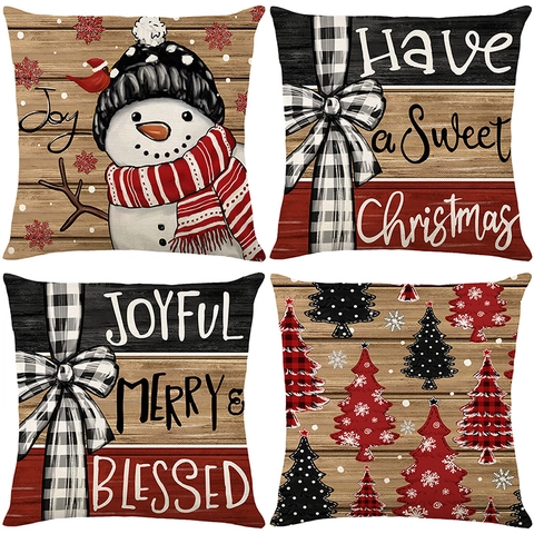 Christmas Cushion Cover Polyester Soft Decorative Pillow Case Snowman Christmas Tree Buffalo Plaid Print For Sofa Home Decor