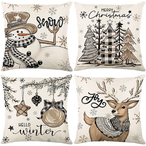 Christmas Linen Pillowcase Vintage Snowman Reindeer Christmas Tree Printed Decorative Throw Pillow Cover For Sofa Living Room Home Decor