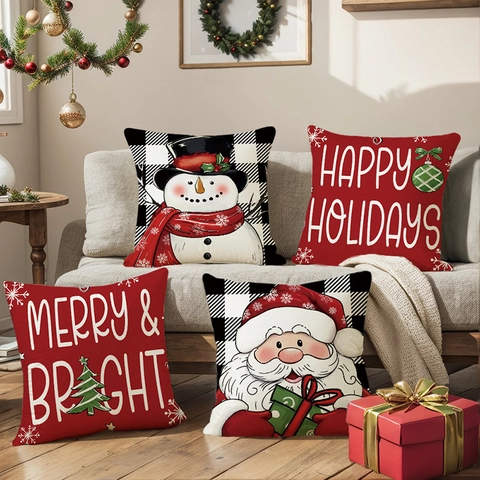 Fundas de Cojín de Navidad Lino Poliéster Buffalo Plaid Papá Noel Muñeco de Nieve Patrón Para Hogar Sala de Estar Sofá Decorativo Festivo