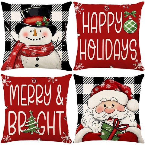 Fundas de Cojín de Navidad Lino Poliéster Buffalo Plaid Papá Noel Muñeco de Nieve Patrón Para Hogar Sala de Estar Sofá Decorativo Festivo