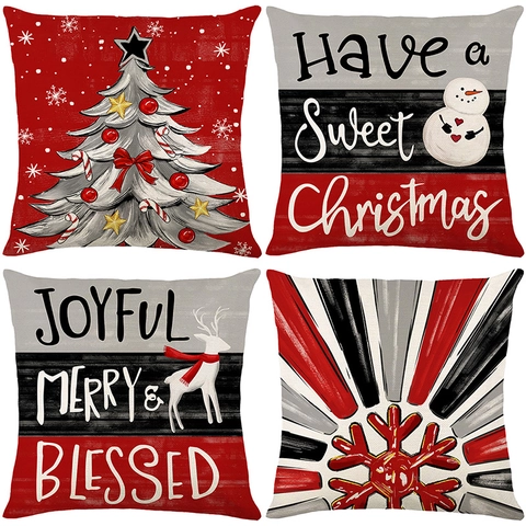Fundas de Cojín de Navidad Poliéster Aspecto Lino Decorativas Para Sofá Hogar Árbol Muñeco de Nieve Reno Estampado