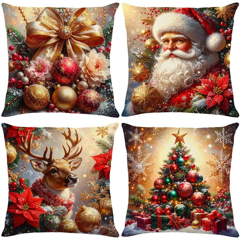 Kerst Kussensloop Polyester Bedrukt Feestelijke Decoratie Bank Vierkante Kussenhoes Kerstman Rendier Boom Patronen