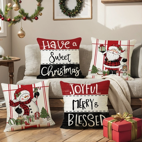 Christmas Decorative Pillow Covers Polyester Square Cushion Case Santa Claus Snowman Letter Print For Sofa Home Decor