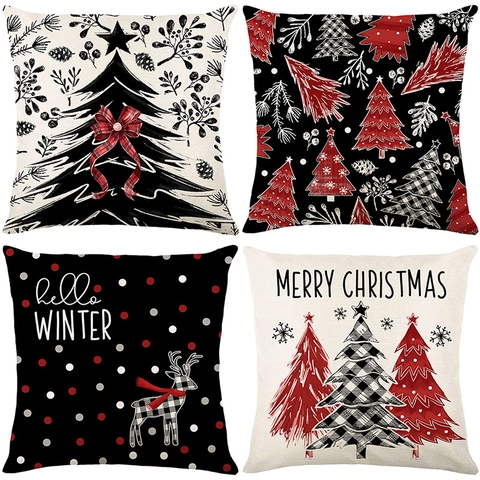 Christmas Throw Pillow Covers Linen Look Polyester Square Cushion Cases For Sofa Couch Home Decor Holiday Festive Ornaments