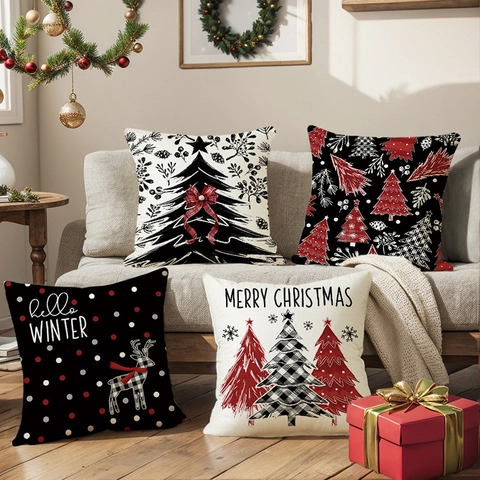 Christmas Throw Pillow Covers Linen Look Polyester Square Cushion Cases For Sofa Couch Home Decor Holiday Festive Ornaments