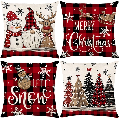 Christmas Throw Pillow Covers Buffalo Plaid Linen Decorative Case Sofa Couch Gnome Snowman Reindeer Pattern Pillowcase