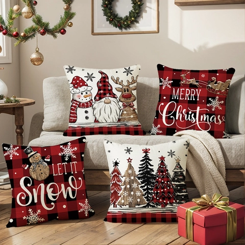 Christmas Throw Pillow Covers Buffalo Plaid Linen Decorative Case Sofa Couch Gnome Snowman Reindeer Pattern Pillowcase