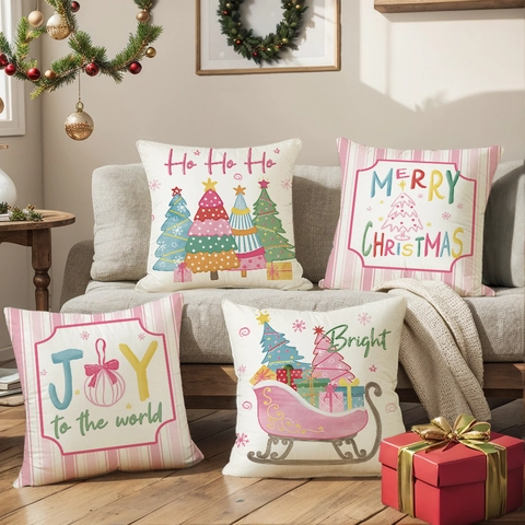 Nordic Christmas Cushion Cover Pink Green Trees Sled Pattern Polyester Linen Look Pillow Case For Sofa Living Room Decor