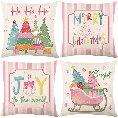 Nordic Christmas Cushion Cover Pink Green Trees Sled Pattern Polyester Linen Look Pillow Case For Sofa Living Room Decor