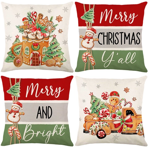 Housse De Coussin De Noël Polyester Aspect Lin Taie D'oreiller Pour Canapé Chambre Décoration De Fête Imprimé