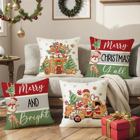 Housse De Coussin De Noël Polyester Aspect Lin Taie D'oreiller Pour Canapé Chambre Décoration De Fête Imprimé