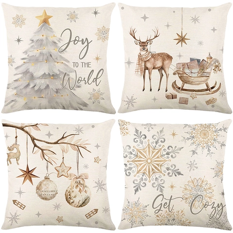 Fundas De Cojines De Navidad Poliéster Textura Lino Reno Copos De Nieve Cremallera Oculta Decoración Sofá Fiesta